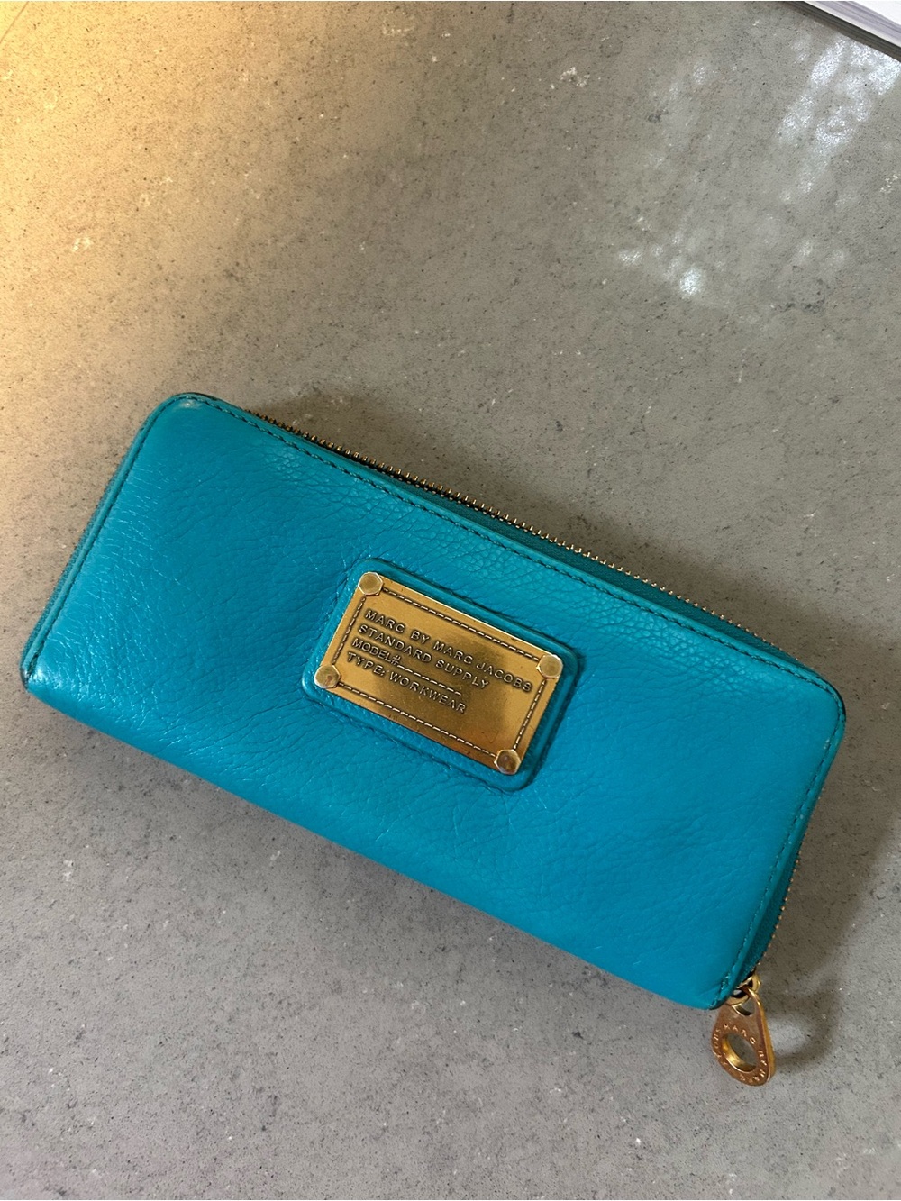 Marc by Marc Jacobs Teal Zip-Around Leather Wallet with Gold Plaque